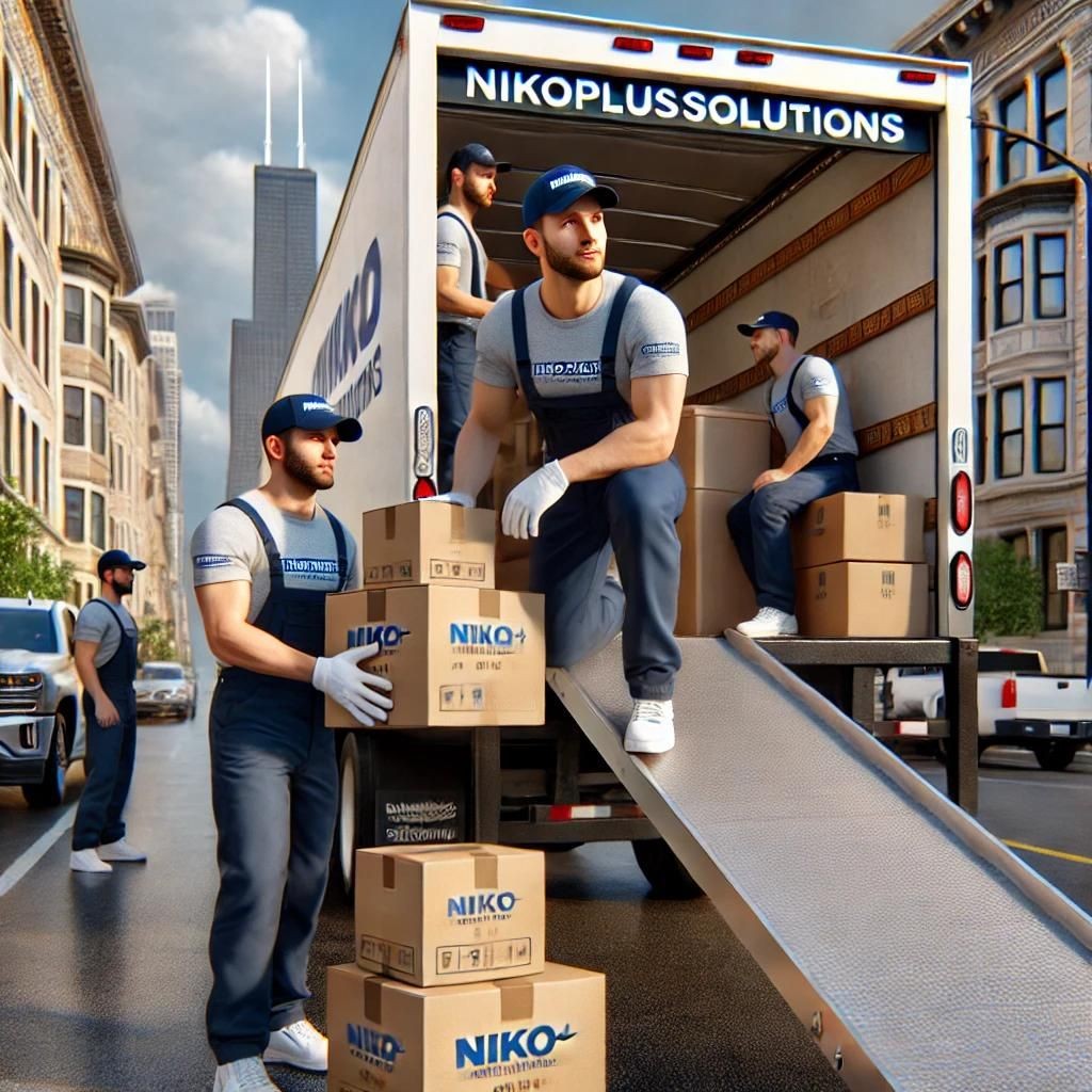 Professional movers from Nikoplussolutions performing a local move in Chicago. They are wearing branded uniforms and carefully loading furniture and boxes into a modern moving truck. The scene is set on a typical Chicago street with classic architecture, tree-lined sidewalks, and a clear sky, captured in high resolution with realistic textures and detailed expressions