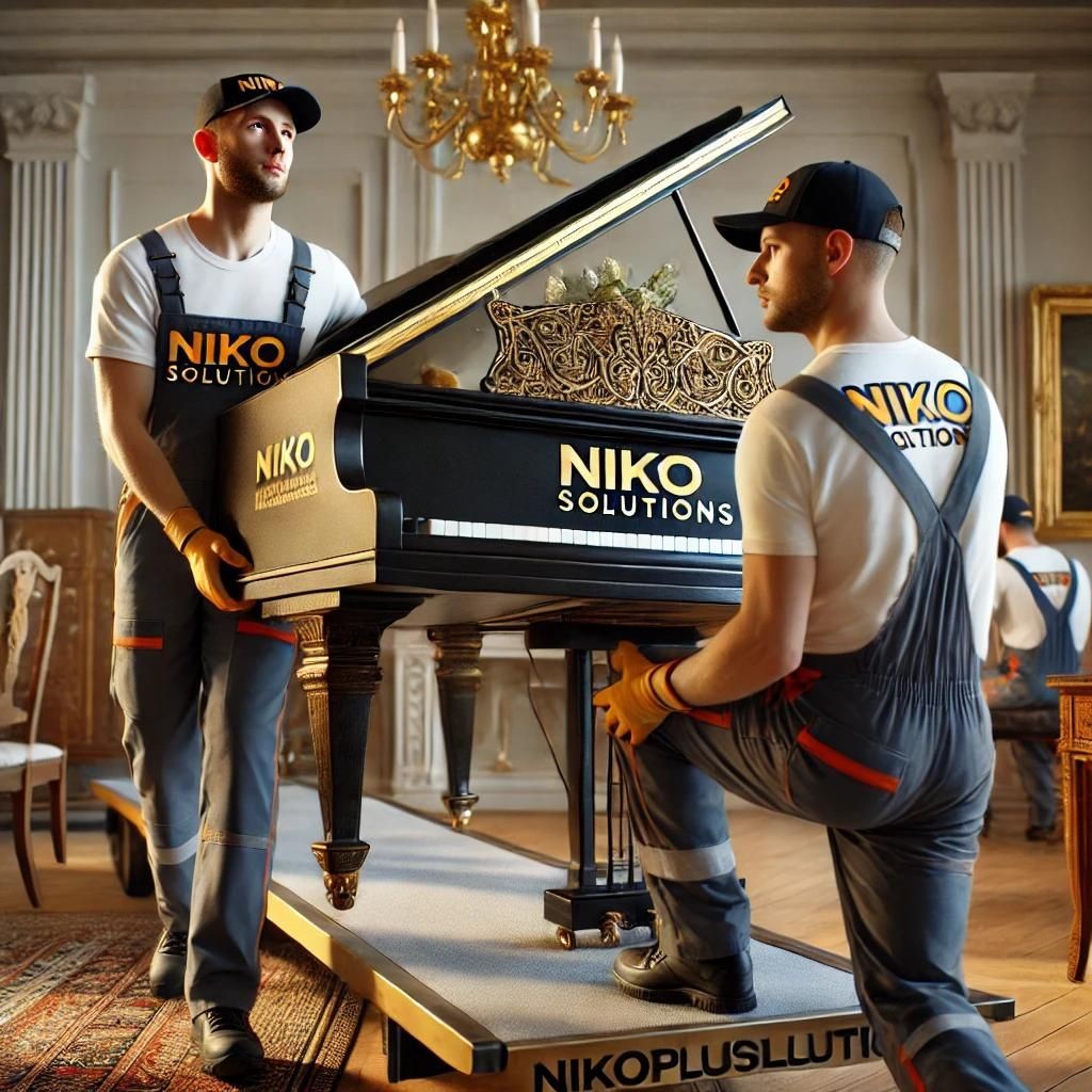 Professional movers from Nikoplussolutions performing specialty item moving. They are wearing branded uniforms and carefully handling a fragile and valuable item, such as a grand piano or an antique piece, using specialized equipment. The scene features a well-decorated room with detailed furnishings and decor, captured in high resolution with realistic textures and detailed expressions