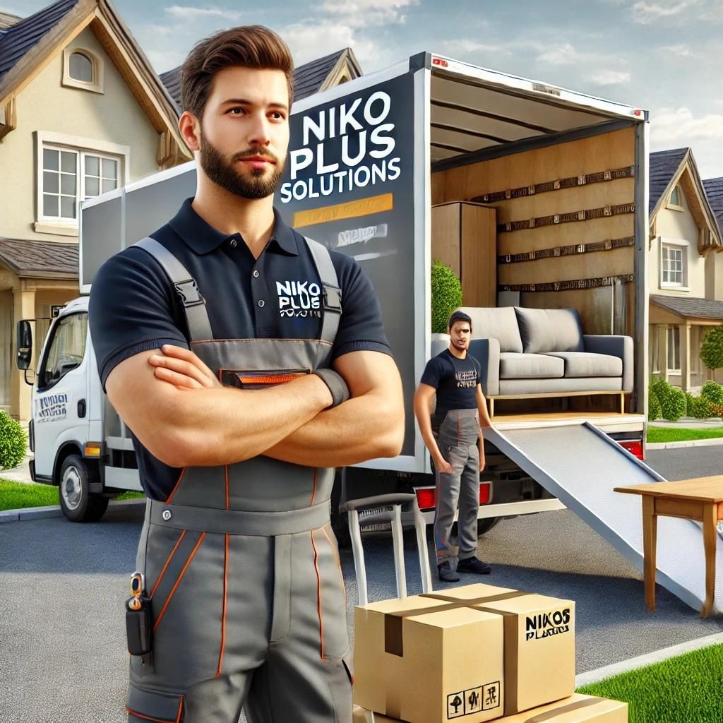 Professional movers from Nikoplussolutions delivering furniture. They are wearing branded uniforms and carefully unloading a sofa and a dining table from a modern moving truck parked outside a residential house. The scene features a well-kept neighborhood with green lawns and a clear sky, captured in high resolution with realistic textures and detailed expressions.