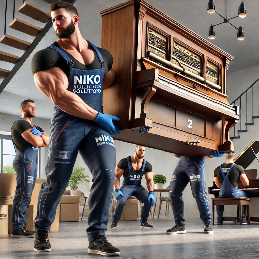 Professional movers from Nikoplussolutions performing heavy lifting. They are wearing branded uniforms and carefully lifting a large, heavy item, such as a piano or a safe, using specialized equipment. The scene features the interior of a modern home with detailed furnishings and decor, captured in high resolution with realistic textures and detailed expressions.