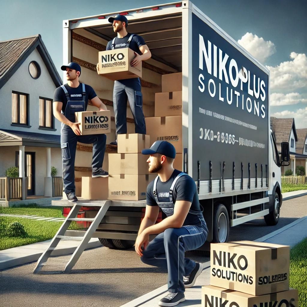 Professional movers from Nikoplussolutions performing loading and unloading services. They are wearing branded uniforms and carefully loading and unloading boxes and furniture from a moving truck parked outside a modern house. The scene features a suburban neighborhood with green lawns and a clear sky, captured in high resolution with realistic textures and detailed expressions