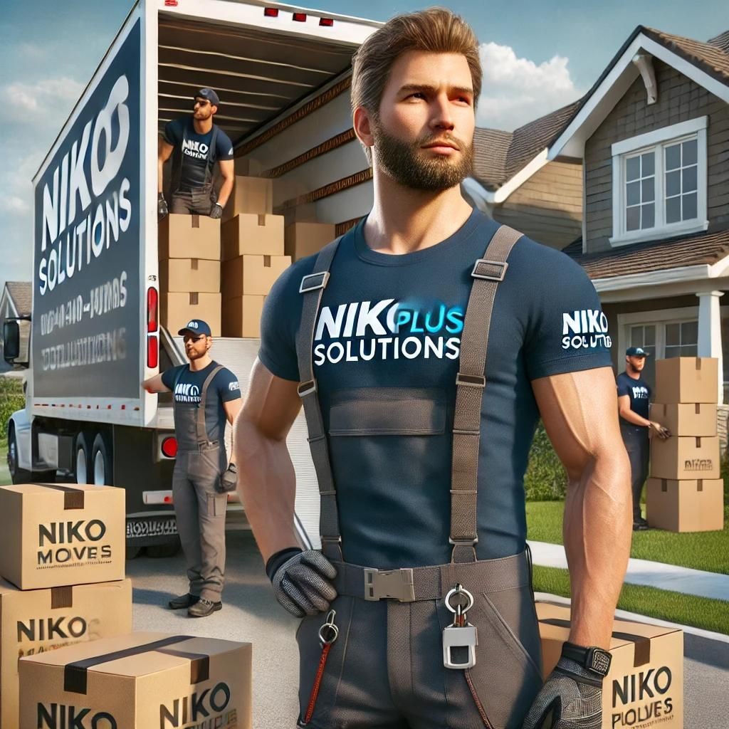 Professional movers from Nikoplussolutions performing a long-distance move. They are wearing branded uniforms and carefully loading large furniture and numerous boxes into a spacious moving truck parked at a suburban house. The scene features a well-maintained suburban neighborhood with green lawns and a clear sky, captured in high resolution with realistic textures and detailed expressions.